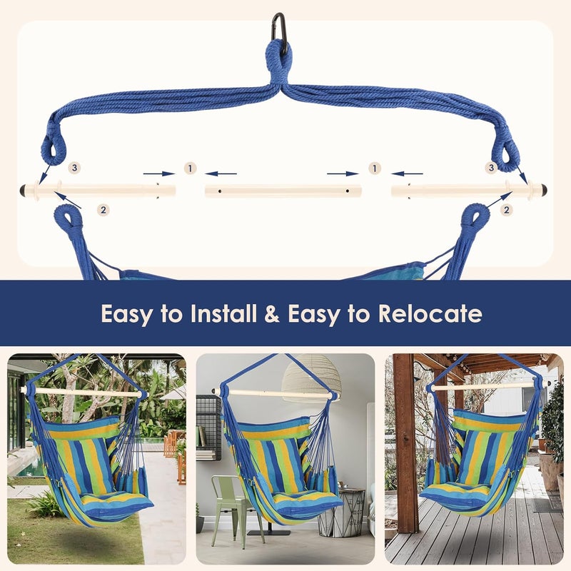 Highwild Hammock Chair Hanging Rope Swing - Max 500 Lbs - 2 Cushions Included - Steel Spreader Bar with Anti-Slip Rings - for Any Indoor or Outdoor Spaces (Blue Striped) - Image 5